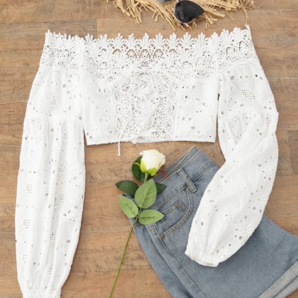 Zaful White Eyelet Off The Shoulder Crop Top
